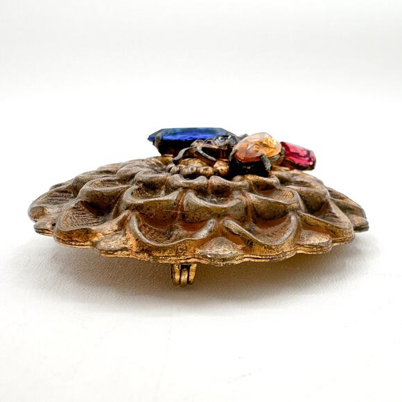 Gold Tone Floral Butterfly Brooch Likely Czech Art Glass Multi-Color c 1930s-40s - Picture 12 of 13